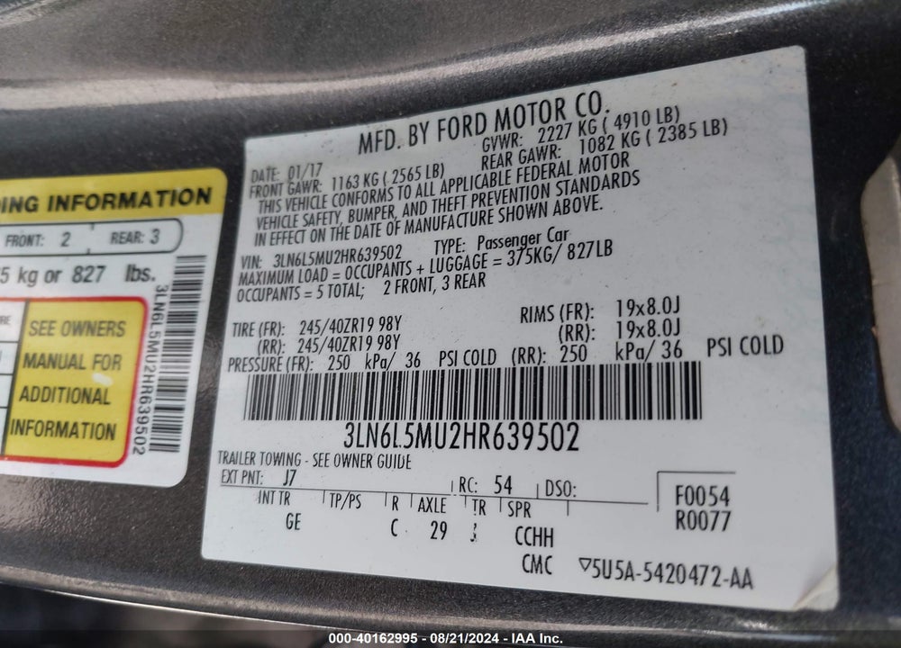 2017 LINCOLN MKZ HYBRID RESERVE VIN: 3LN6L5MU2HR639502
