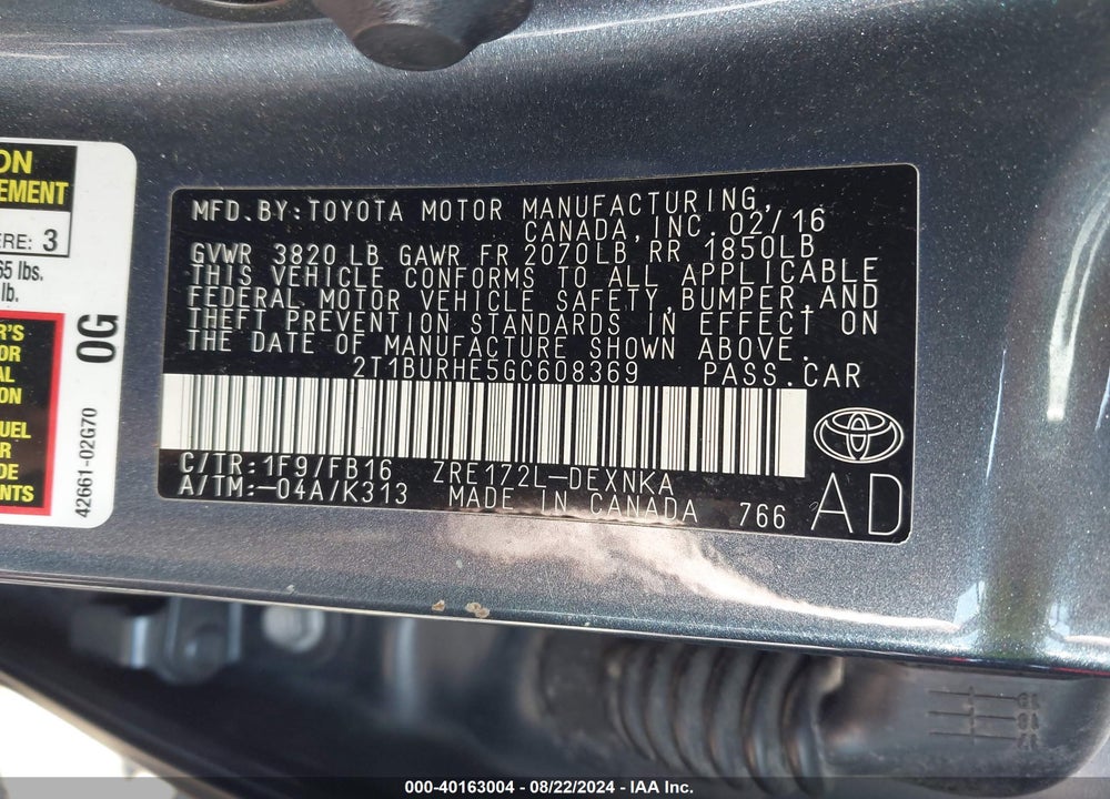 2016 TOYOTA COROLLA LE VIN: 2T1BURHE5GC608369