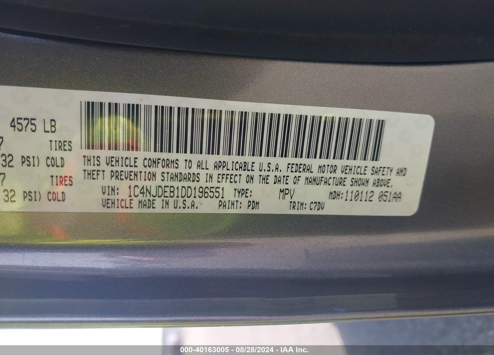 2013 JEEP COMPASS LATITUDE VIN: 1C4NJDEB1DD196551