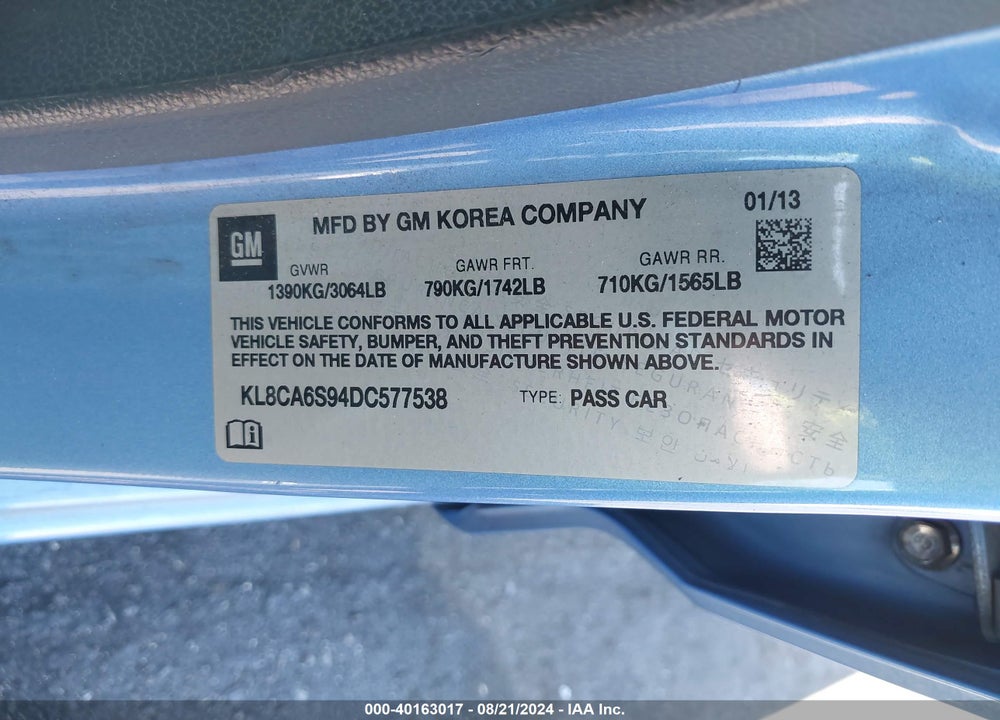 2013 CHEVROLET SPARK LS MANUAL VIN: KL8CA6S94DC577538