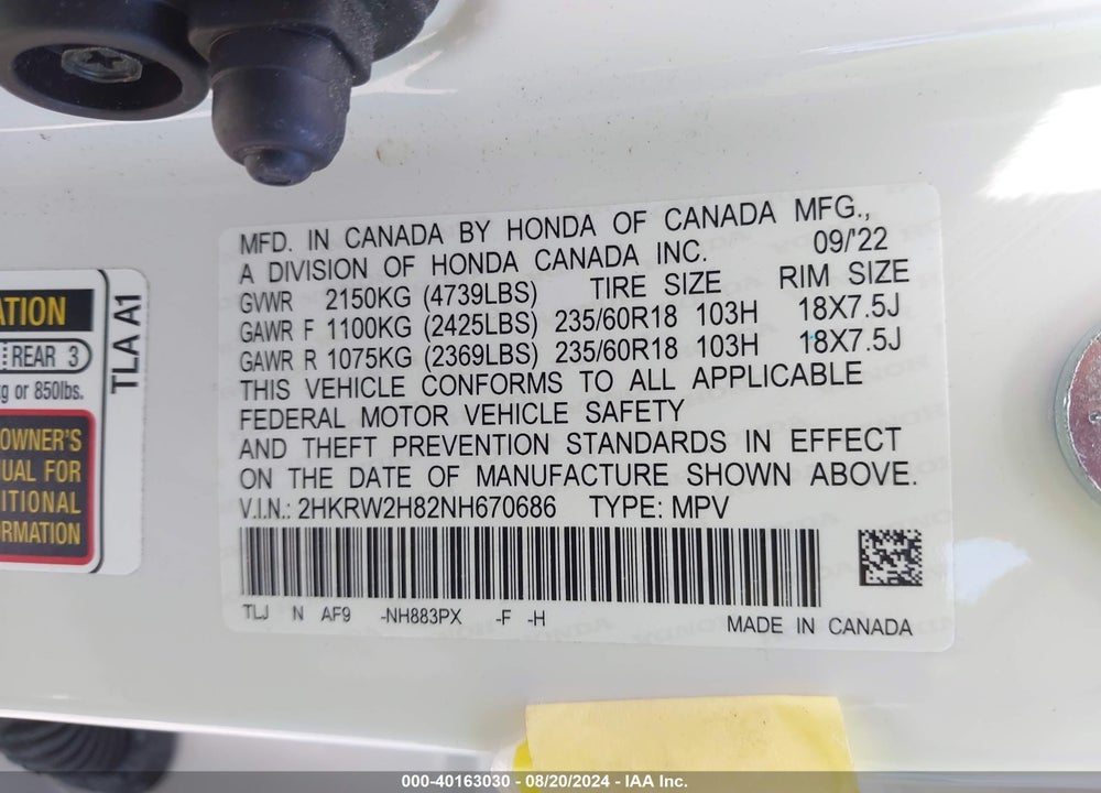 2022 HONDA CR-V AWD EX-L VIN: 2HKRW2H82NH670686