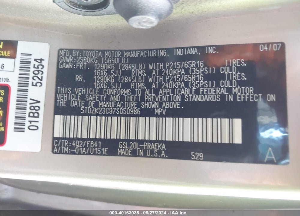 2007 TOYOTA SIENNA CE VIN: 5TDZK23C97S050986