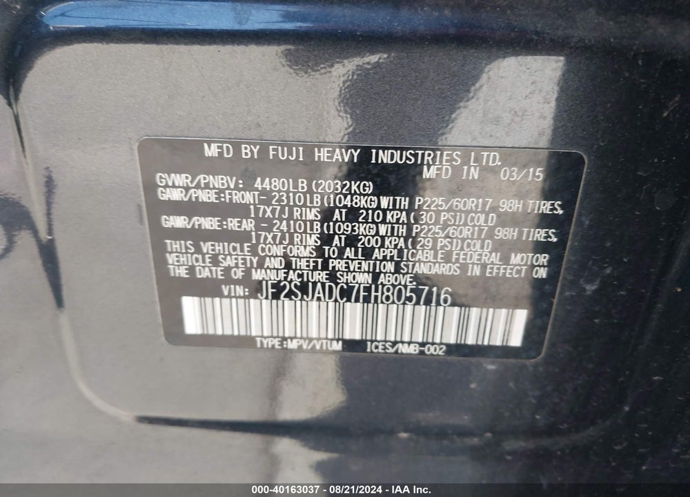 2015 SUBARU FORESTER 2.5I PREMIUM VIN: JF2SJADC7FH805716