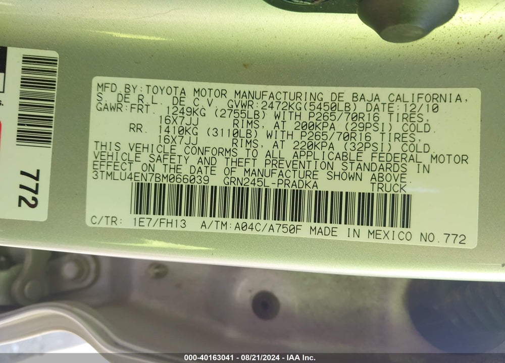 2011 TOYOTA TACOMA BASE V6 VIN: 3TMLU4EN7BM066039