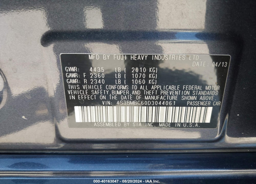 2013 SUBARU LEGACY 2.5I PREMIUM VIN: 4S3BMBC60D3044061