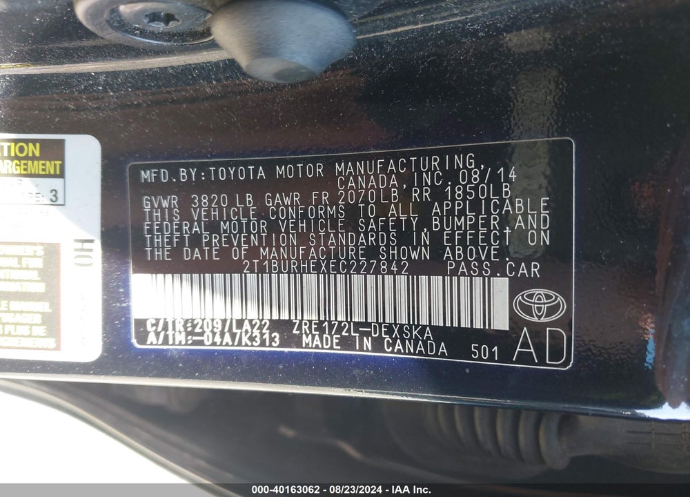 2014 TOYOTA COROLLA VIN: 2T1BURHEXEC227842