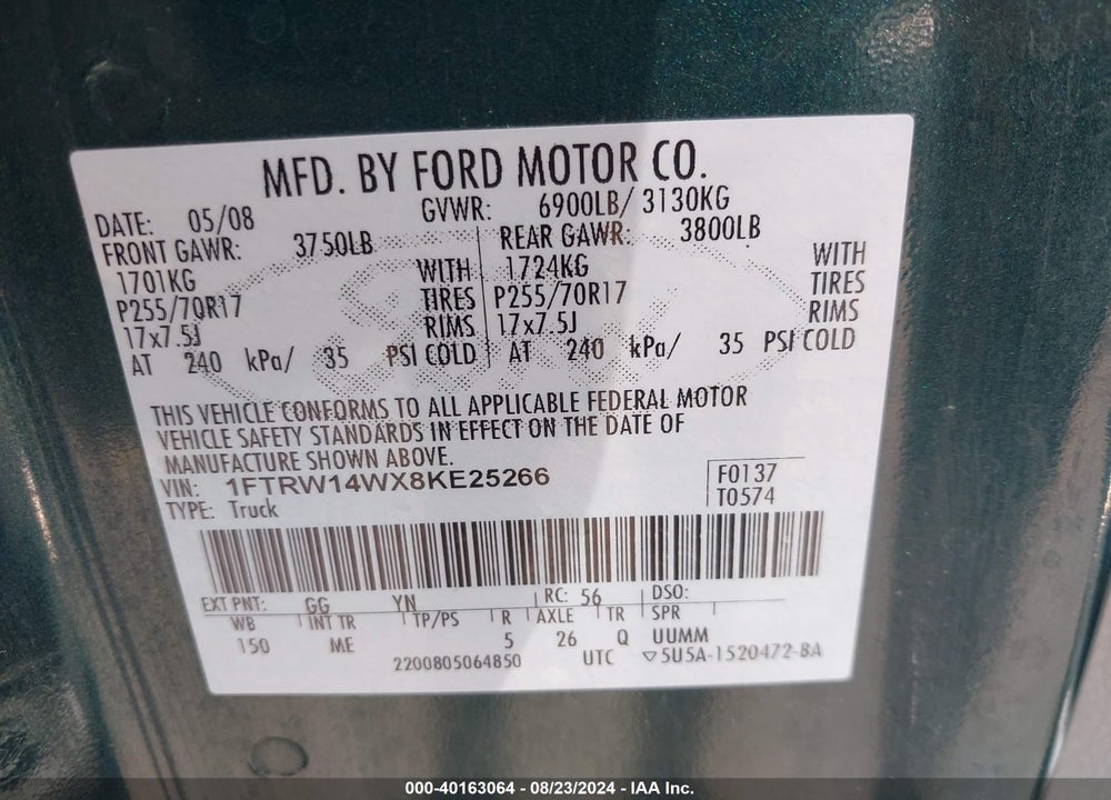 2008 FORD F-150 60TH ANNIVERSARY/XL/XLT VIN: 1FTRW14WX8KE25266
