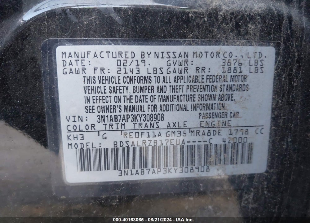 2019 NISSAN SENTRA SR VIN: 3N1AB7AP3KY308908