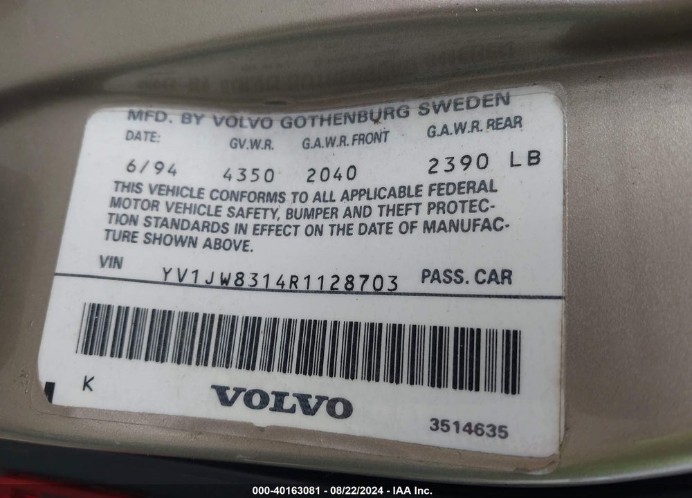 1994 VOLVO 940 VIN: YV1JW8314R1128703