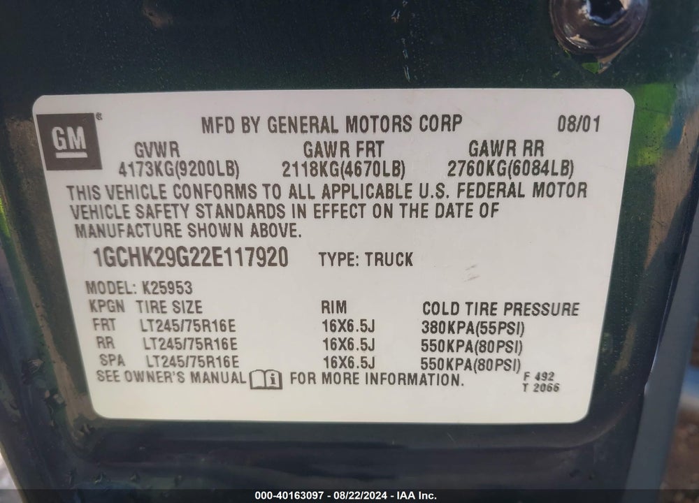 2002 CHEVROLET SILVERADO 2500HD LS VIN: 1GCHK29G22E117920