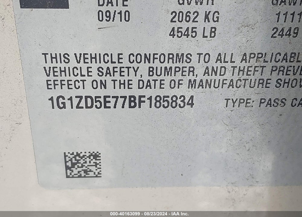 2011 CHEVROLET MALIBU 2LT VIN: 1G1ZD5E77BF185834