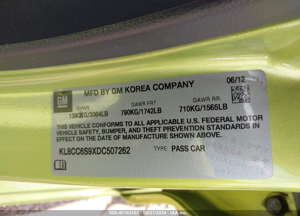 2013 CHEVROLET SPARK 1LT MANUAL VIN: KL8CC6S9XDC507262