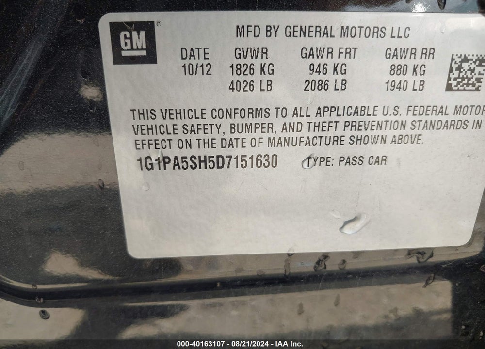 2013 CHEVROLET CRUZE LS AUTO VIN: 1G1PA5SH5D7151630