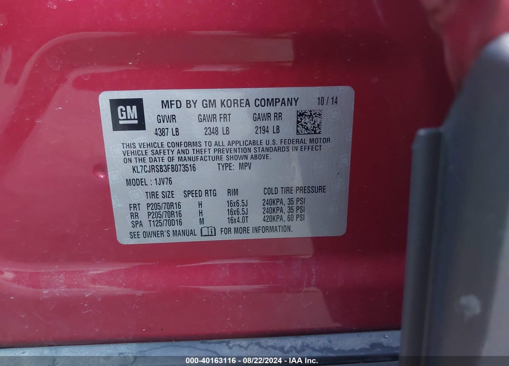 2015 CHEVROLET TRAX VIN: KL7CJRSB3FB073516