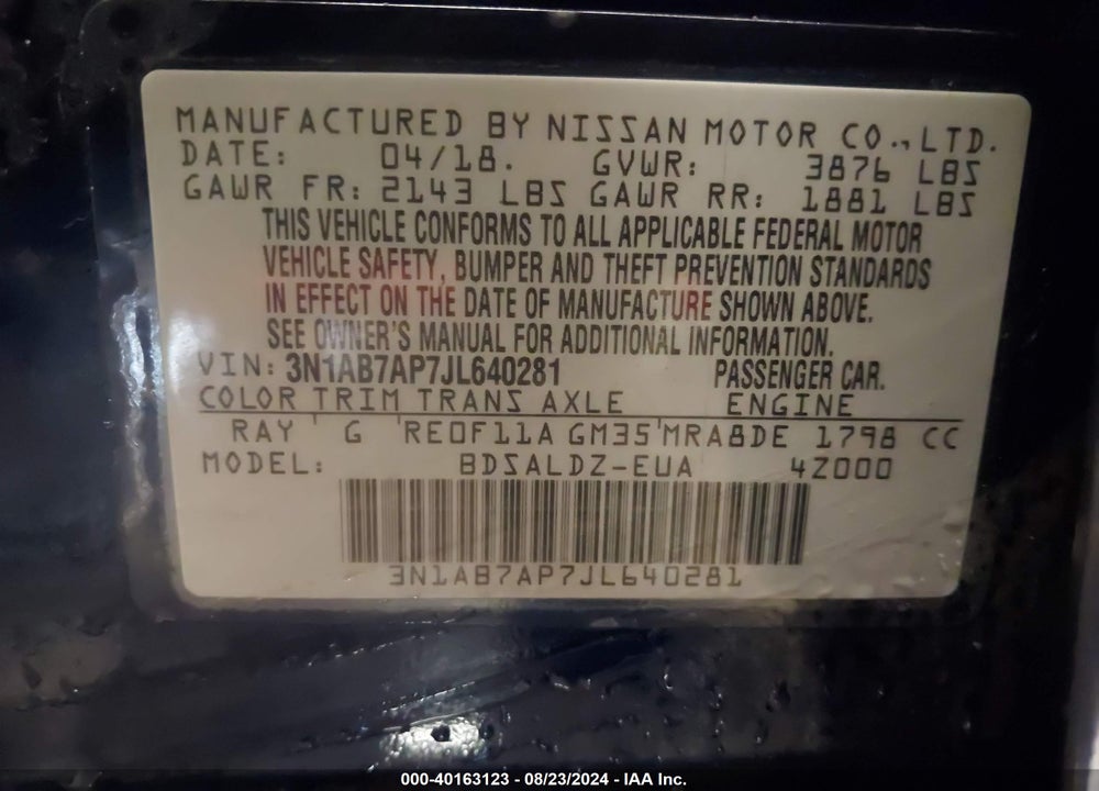 2018 NISSAN SENTRA SV VIN: 3N1AB7AP7JL640281