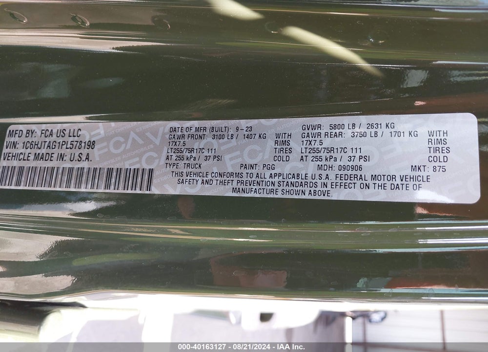 2023 JEEP GLADIATOR WILLYS 4X4 VIN: 1C6HJTAG1PL578198