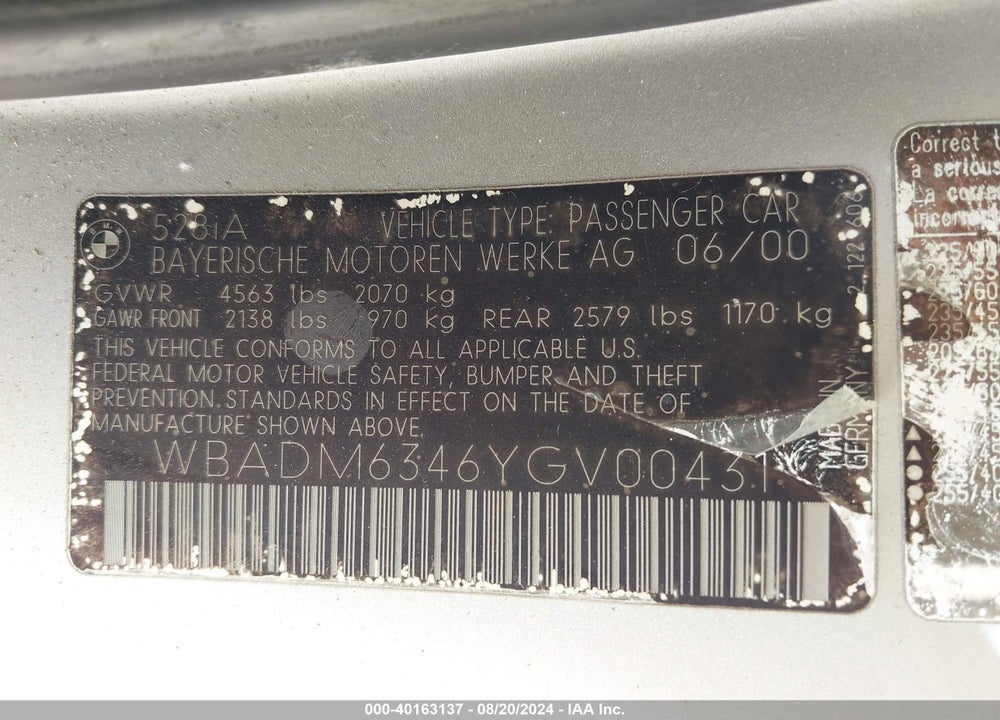 2000 BMW 528IA VIN: WBADM6346YGV00431