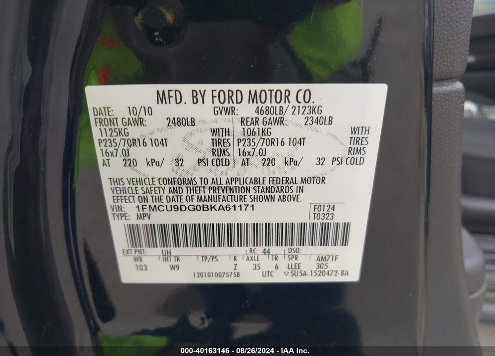 2011 FORD ESCAPE XLT VIN: 1FMCU9DG0BKA61171