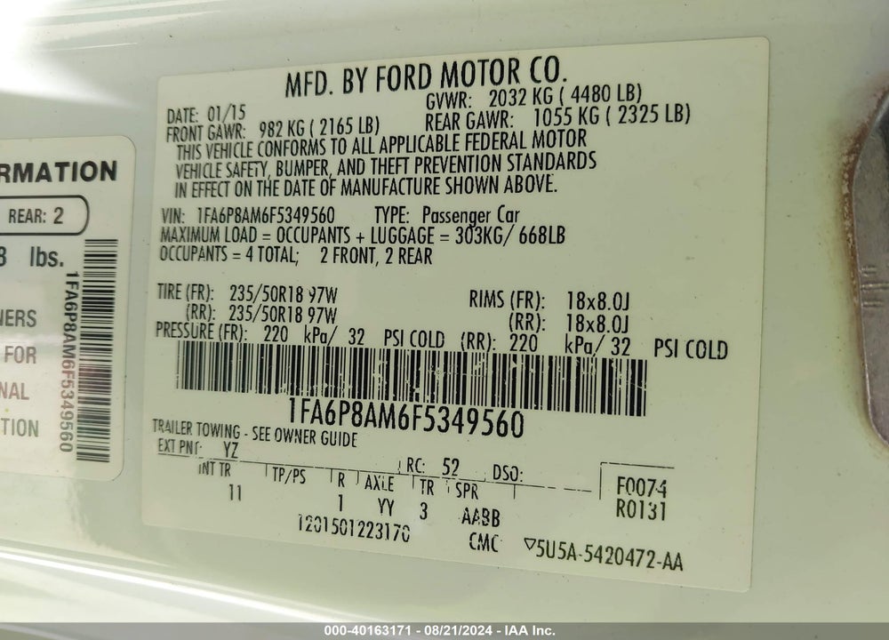 2015 FORD MUSTANG V6 VIN: 1FA6P8AM6F5349560