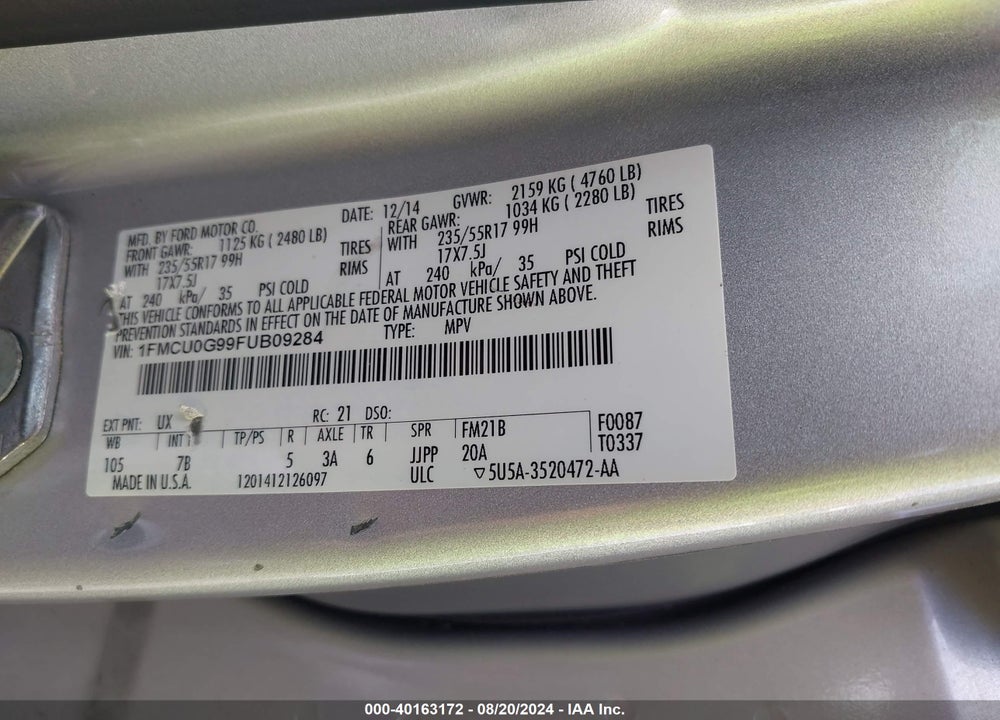 2015 FORD ESCAPE SE VIN: 1FMCU0G99FUB09284
