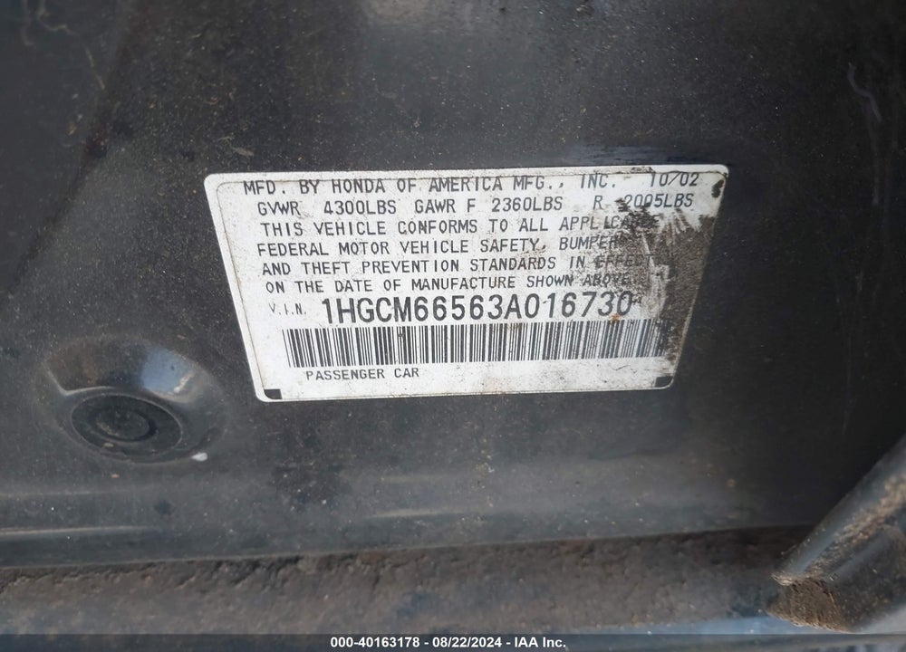 2003 HONDA ACCORD 3.0 EX VIN: 1HGCM66563A016730