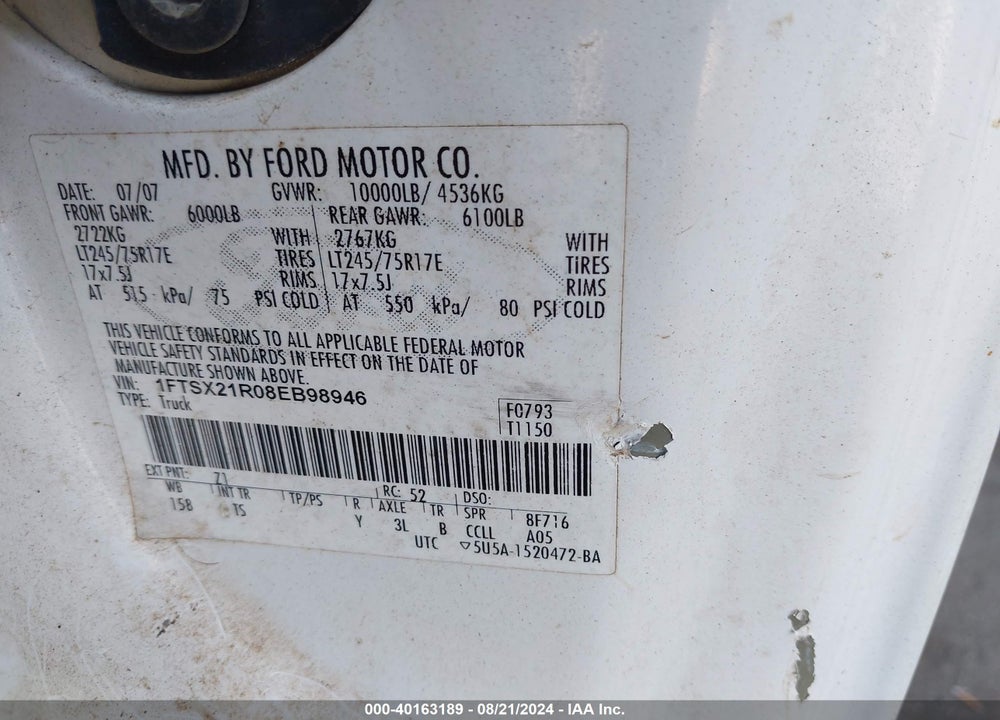 2008 FORD F-250 FX4/LARIAT/XL/XLT VIN: 1FTSX21R08EB98946