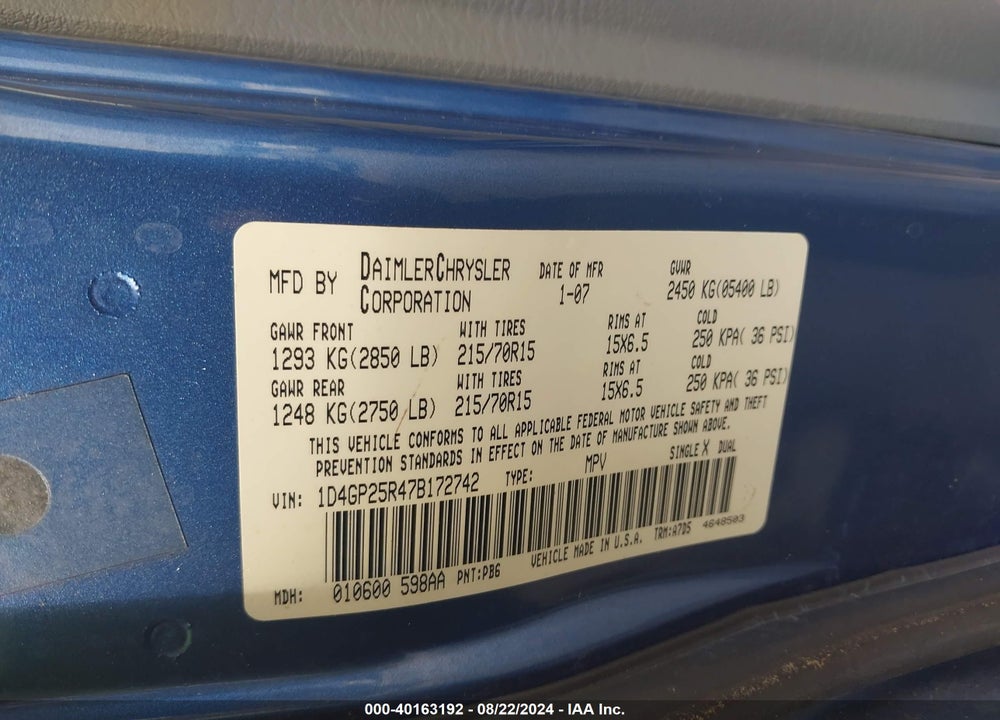 2007 DODGE CARAVAN SE VIN: 1D4GP25R47B172742