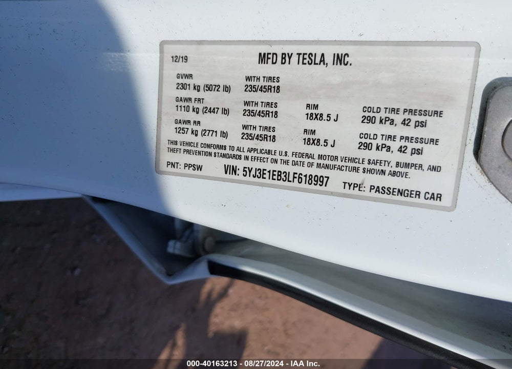 2020 TESLA MODEL 3 LONG RANGE DUAL MOTOR ALL-WHEEL DRIVE VIN: 5YJ3E1EB3LF618997