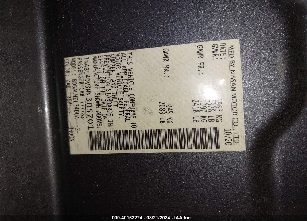 2021 NISSAN ALTIMA SV FWD VIN: 1N4BL4DV3MN305701