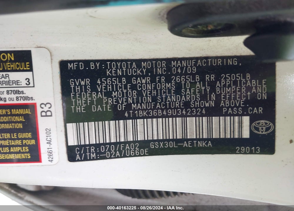2009 TOYOTA AVALON XL VIN: 4T1BK36B49U342324