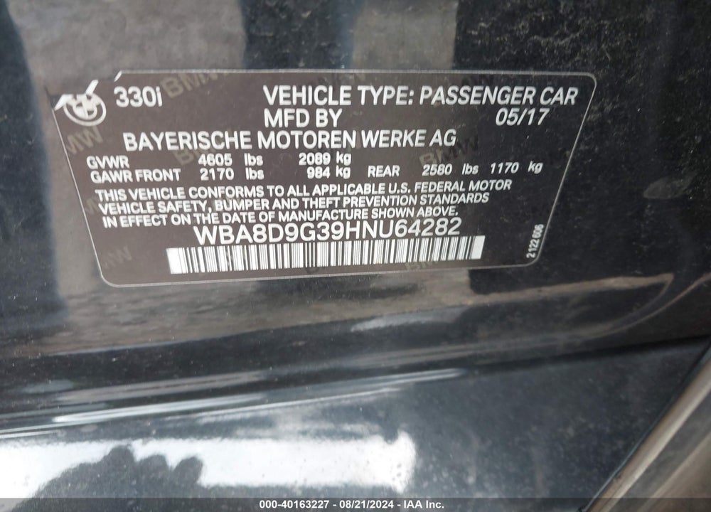2017 BMW 330I XDRIVE VIN: WBA8D9G39HNU64282
