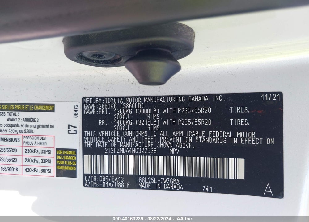 2022 LEXUS RX 350 VIN: 2T2HZMDA4NC322538