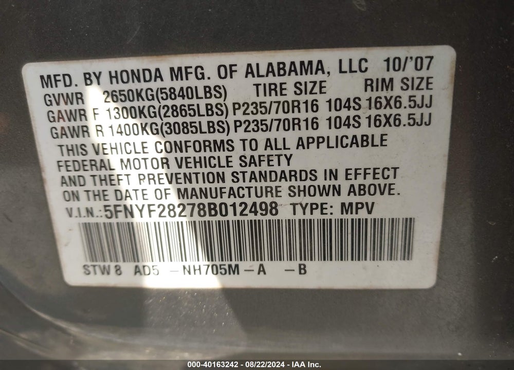2008 HONDA PILOT VIN: 5FNYF28278B012498