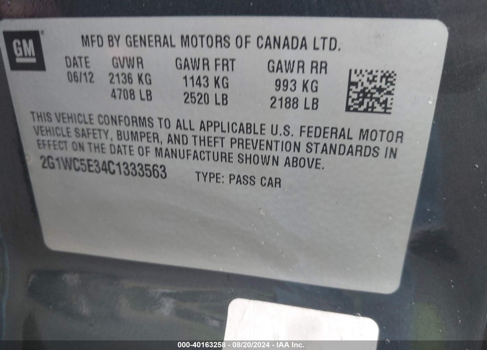 2012 CHEVROLET IMPALA LTZ VIN: 2G1WC5E34C1333563