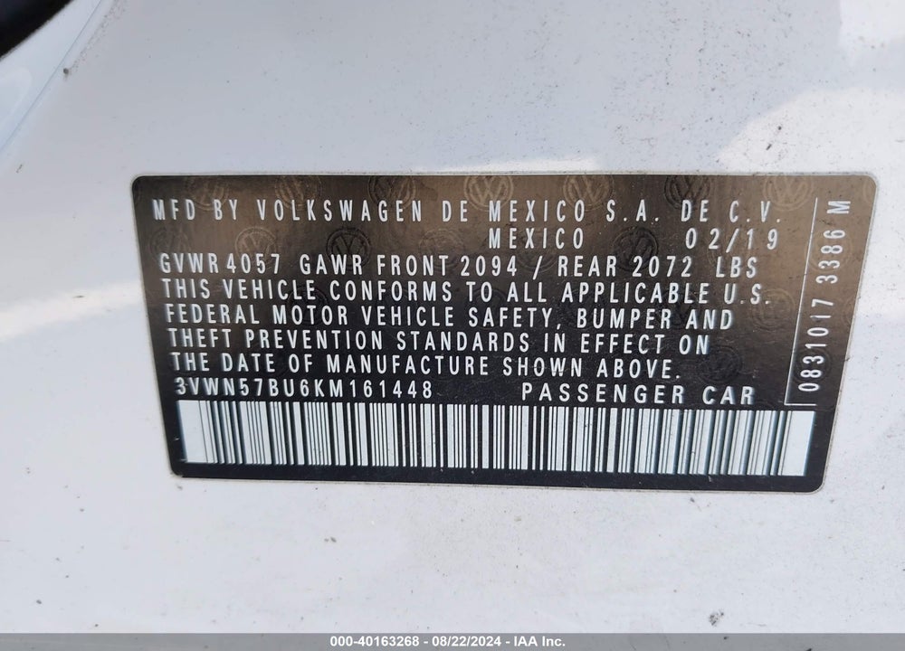 2019 VW JETTA S VIN: 3VMN57BU6KM161448
