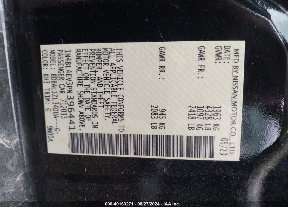 2023 NISSAN ALTIMA SL FWD VIN: 1N4BL4EV3PN396441