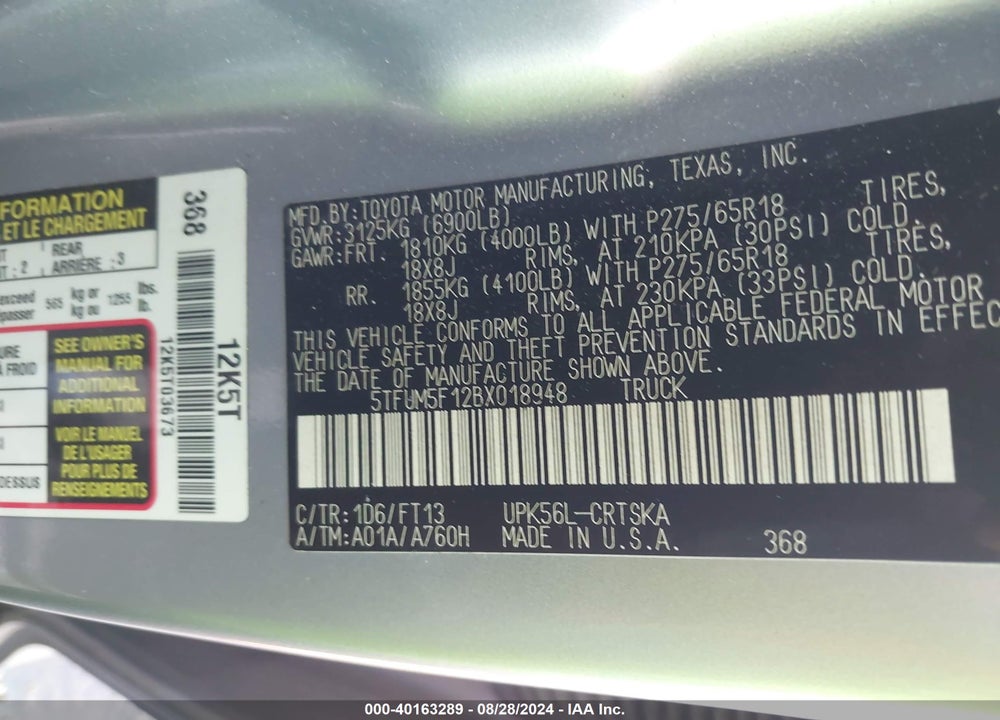 2011 TOYOTA TUNDRA GRADE 4.6L V8 VIN: 5TFUM5F12BX018948