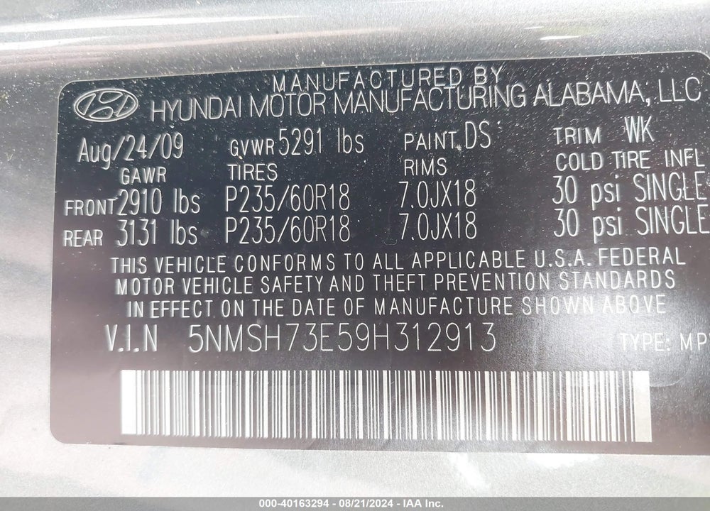 2009 HYUNDAI SANTA FE LIMITED VIN: 5NMSH73E59H312913