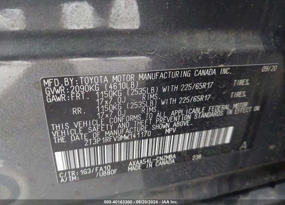 2021 TOYOTA RAV4 XLE VIN: 2T3P1RFV9MW141170