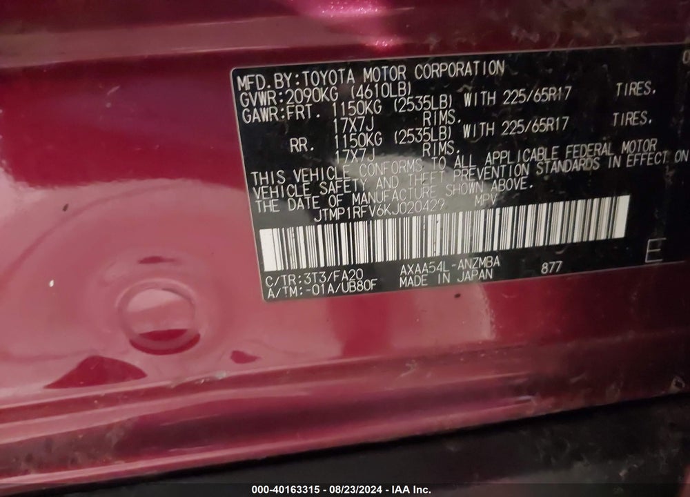 2019 TOYOTA RAV4 XLE VIN: JTMP1RFV6KJ020429