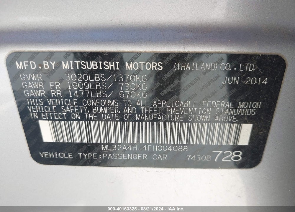 2015 MITSUBISHI MIRAGE ES VIN: ML32A4HJ4FH004088