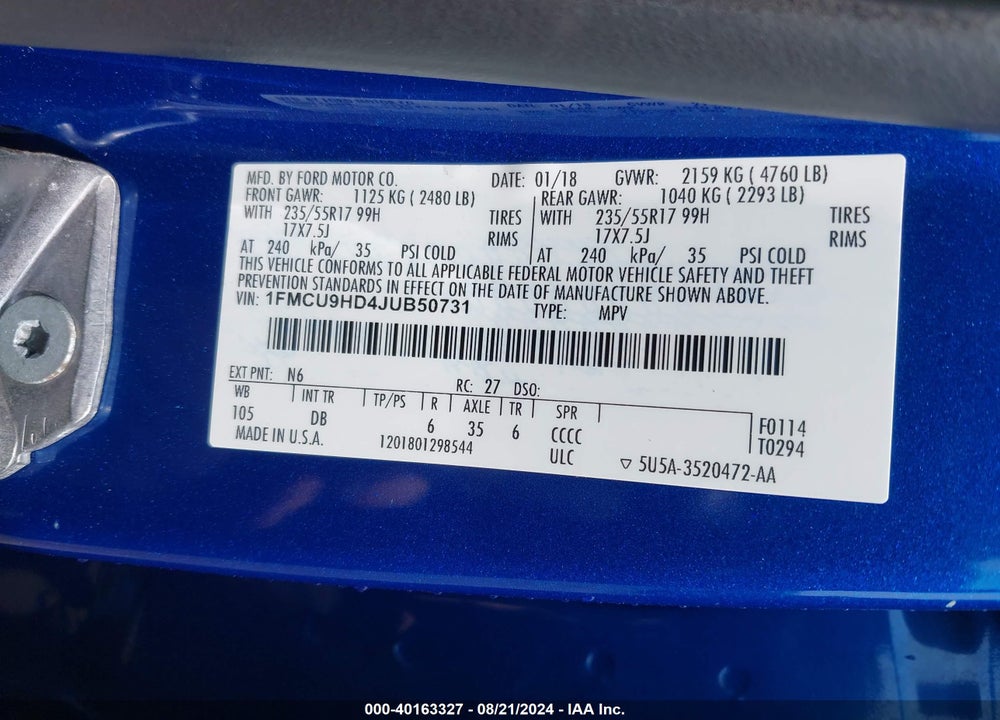 2018 FORD ESCAPE SEL VIN: 1FMCU9HD4JUB50731