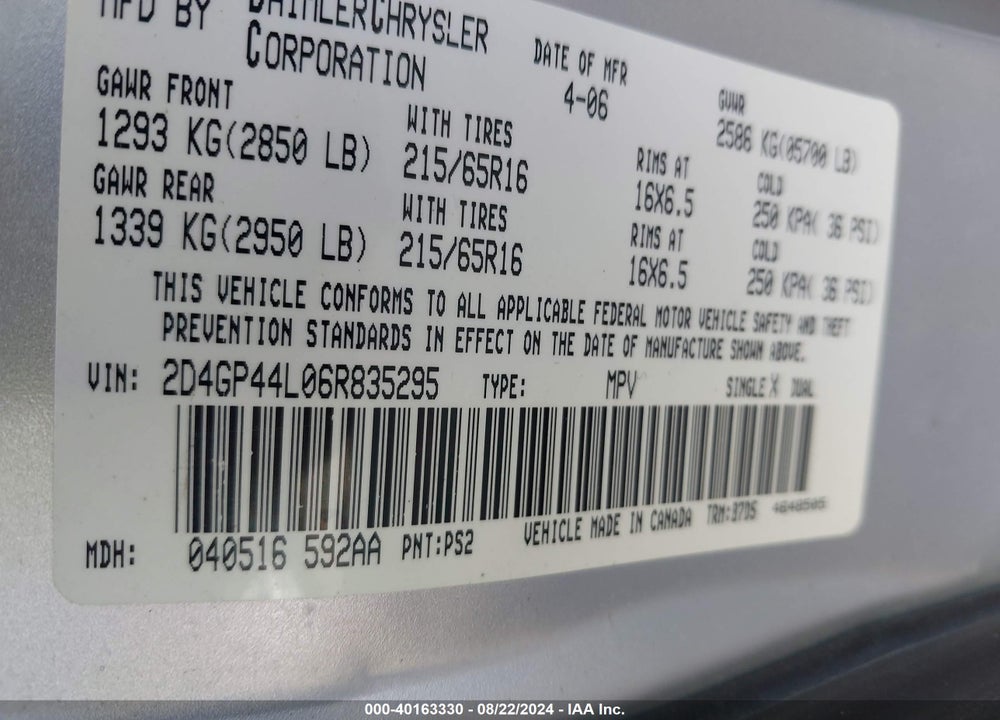 2006 DODGE GRAND CARAVAN SXT VIN: 2D4GP44L06R835295