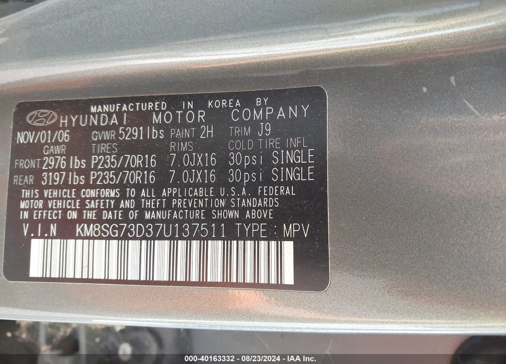 2007 HYUNDAI SANTA FE GLS VIN: KM8SG73D37U137511