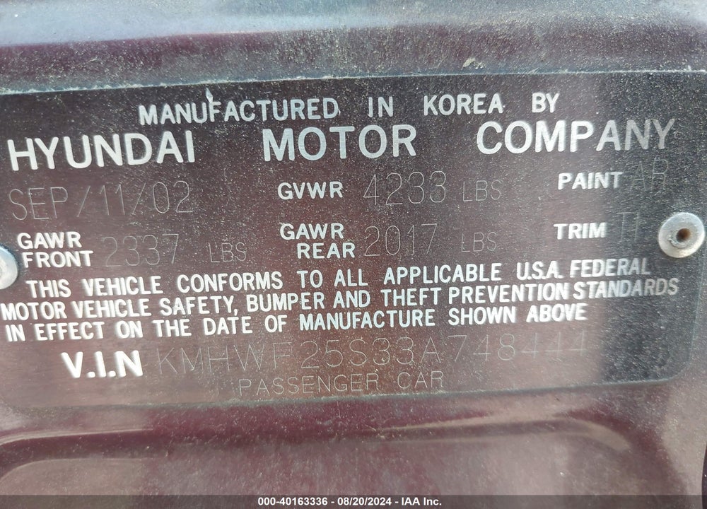 2003 HYUNDAI SONATA VIN: KMHWF25S33A748444
