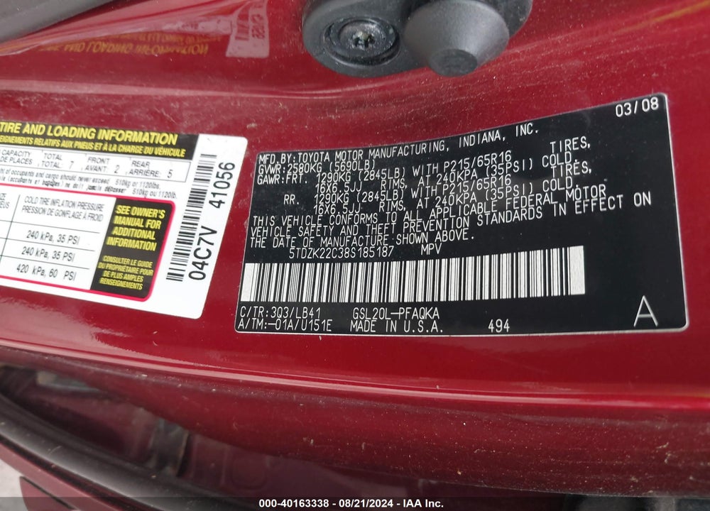2008 TOYOTA SIENNA XLE VIN: 5TDZK22C38S185187