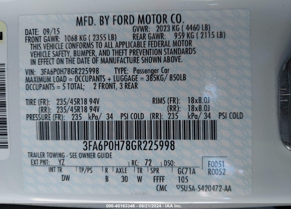 2016 FORD FUSION SE VIN: 3FA6P0H78GR225998