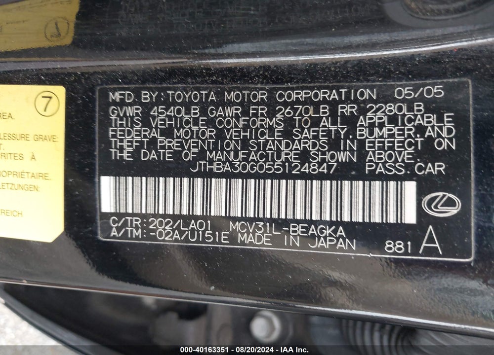 2005 LEXUS ES 330 VIN: JTHBA30G055124847