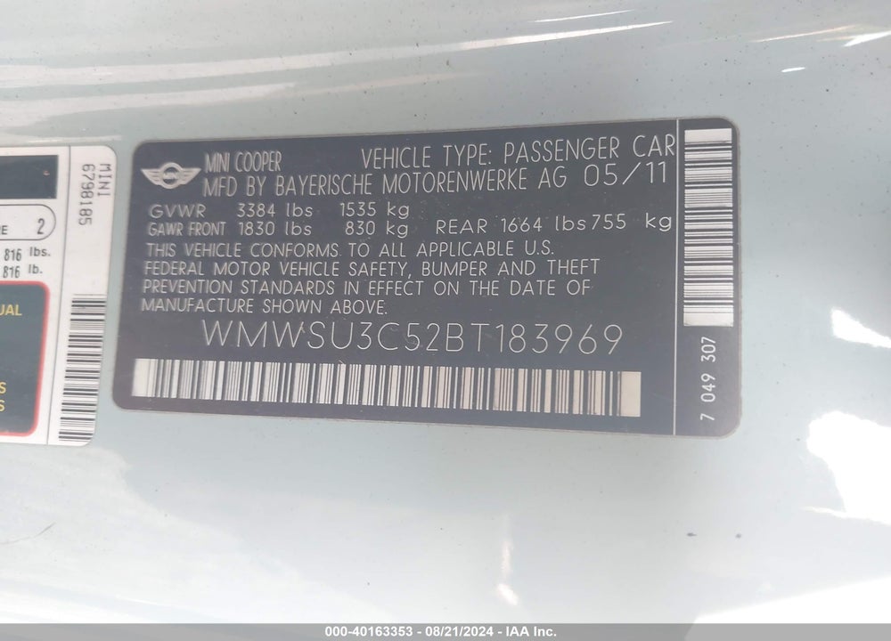 2011 MINI COOPER VIN: WMWSU3C52BT183969