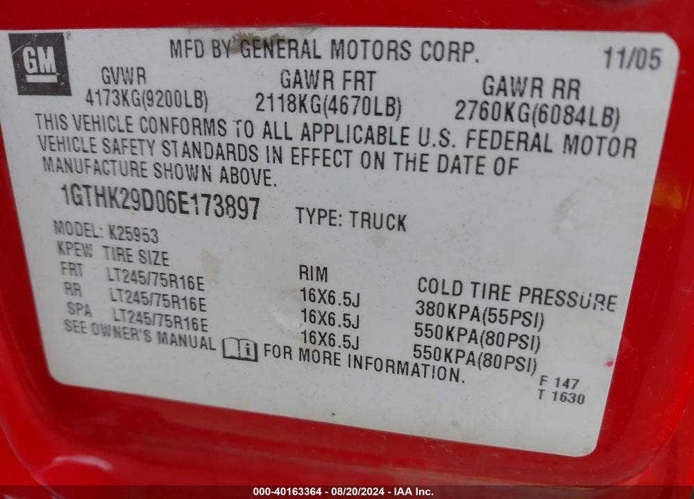 2006 GMC SIERRA 2500HD WORK TRUCK VIN: 1GTHK29D06E173897